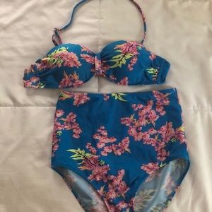 Retro Style Blue Floral High Waisted Bikini Set